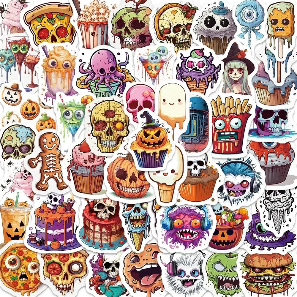 A collection of various skeleton and Halloween-themed stickers featuring skulls, zombies, and spooky faces.