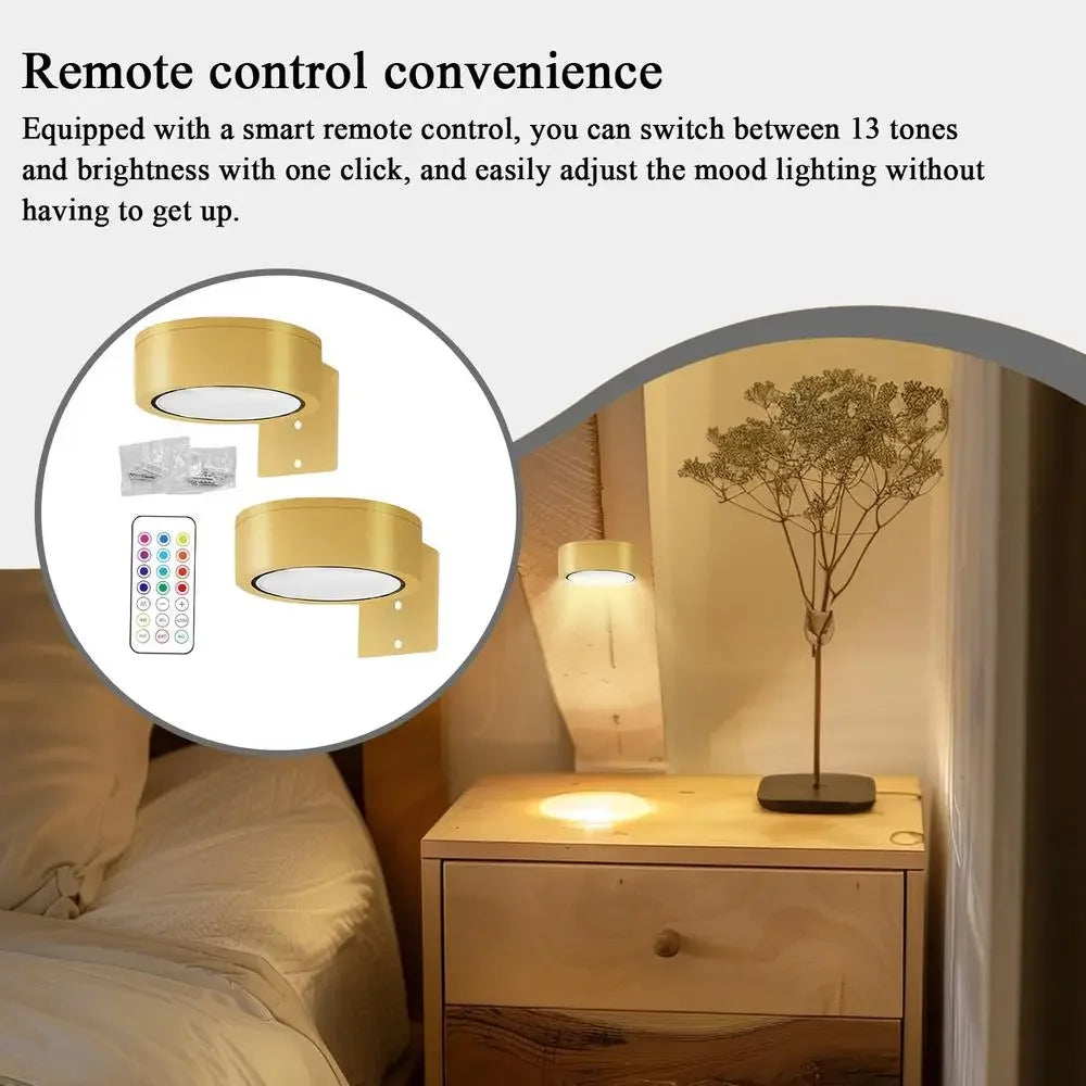 A bedside table lamp with a round light and a remote control shown next to a potted plant.