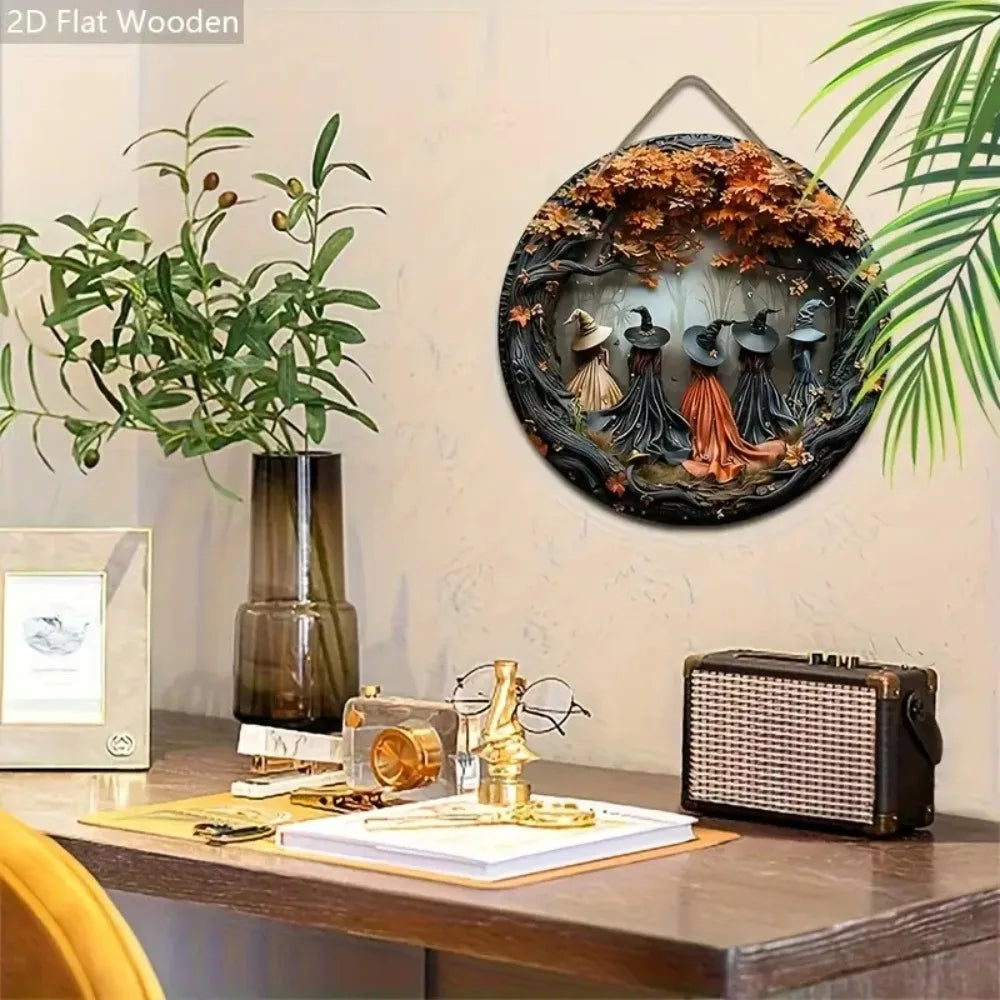 A circular wooden sign featuring witch figures and autumn leaves mounted on a wall.