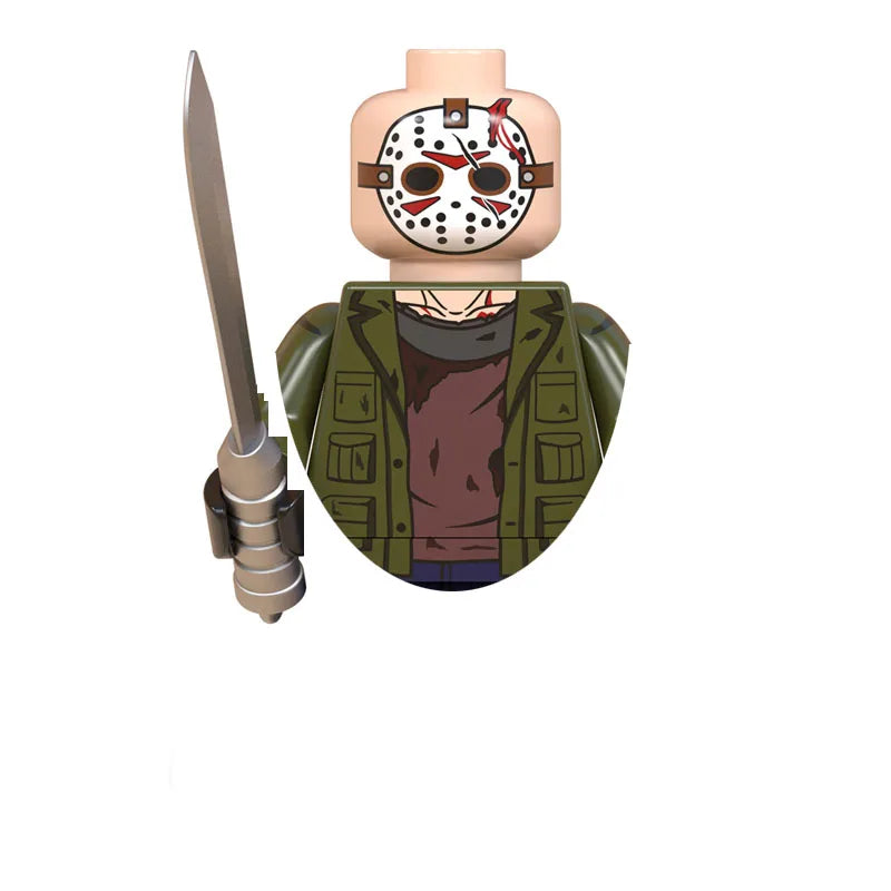 Horror movie icon building blocks set featuring a masked figure with a sword and military attire