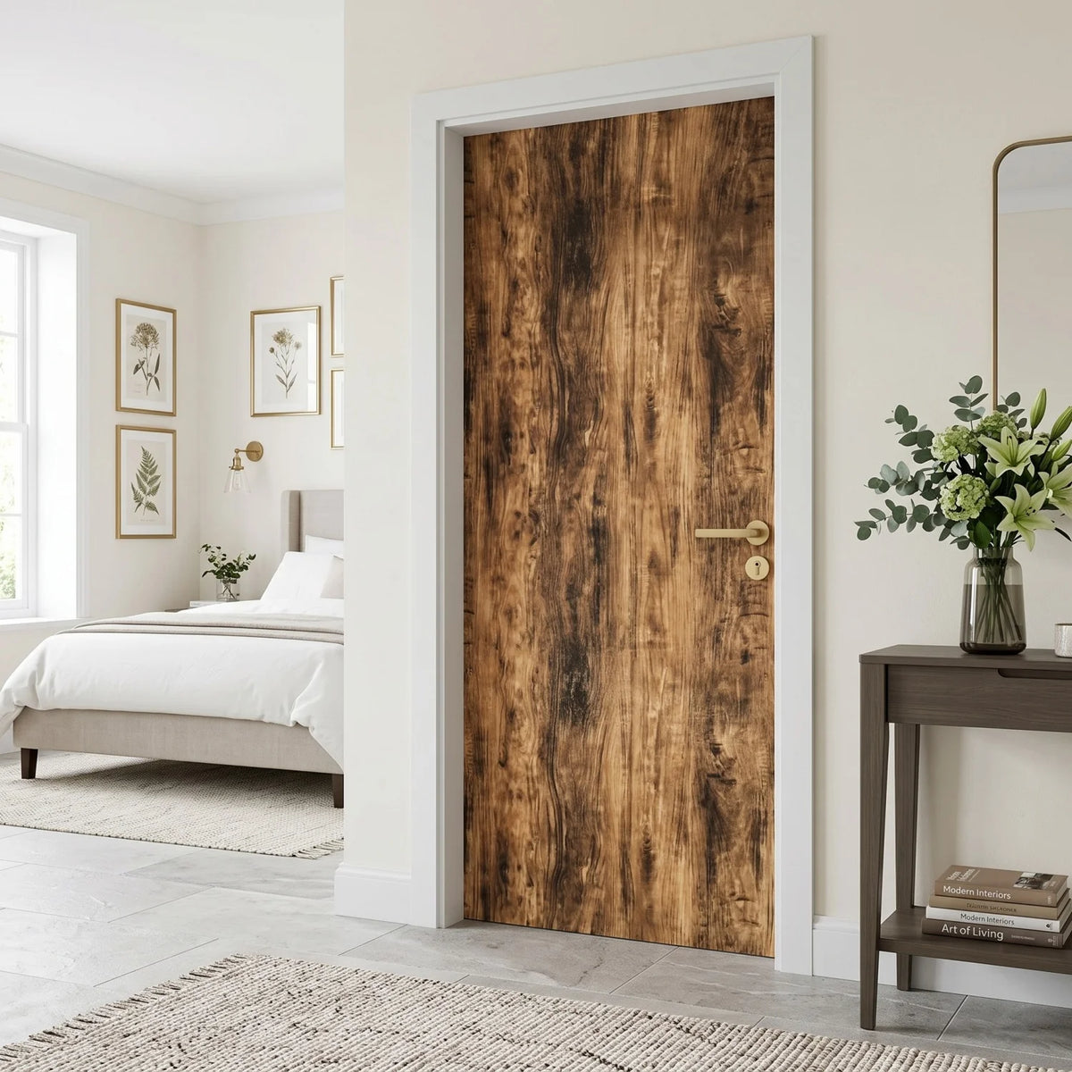 A wooden grain door with a vertical plank design in warm brown tones, set within a white frame.