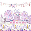 A butterfly theme disposable party set featuring pink and purple decorations, including a cake, plates, and cupcake liners.