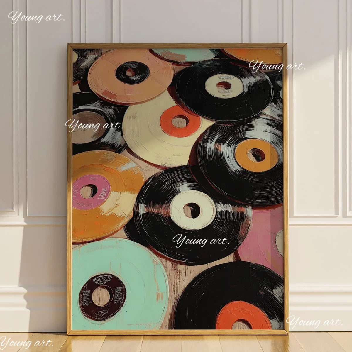A framed canvas art print featuring a collection of vintage vinyl records in various colors and black.