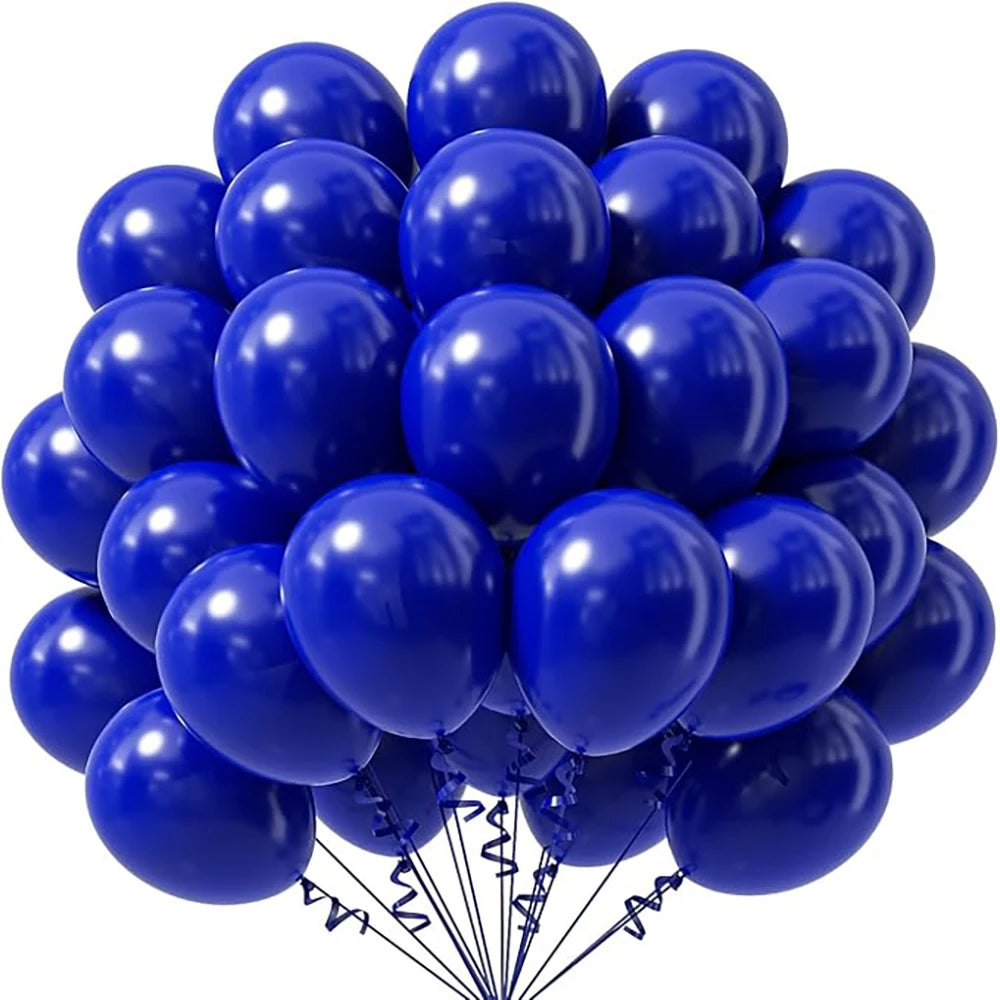 A cluster of royal blue latex balloons tied together for party decorations