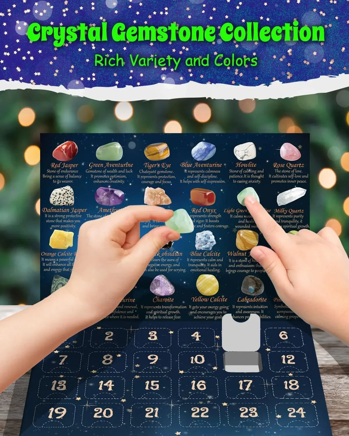 A collection of crystal gemstones arranged in a grid on a dark blue Advent calendar board.