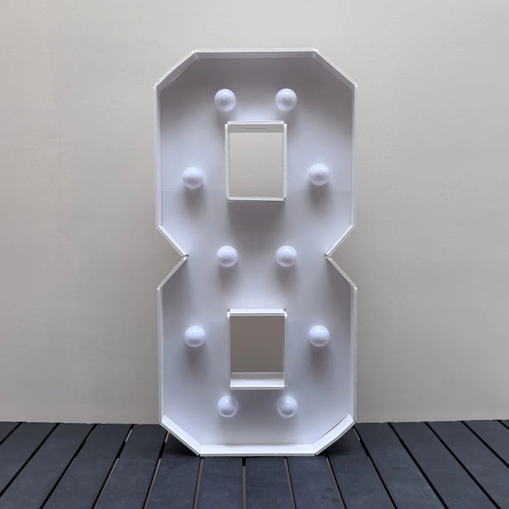 A white light-up marquee number sign shaped like the number 8 displayed against a neutral wall.
