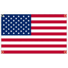 A rectangular banner displaying the design of the American flag with red and white stripes and blue stars on a white field.