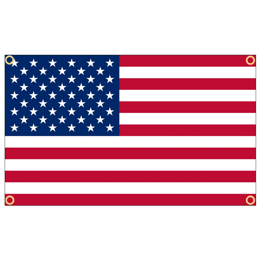A rectangular banner displaying the design of the American flag with red and white stripes and blue stars on a white field.