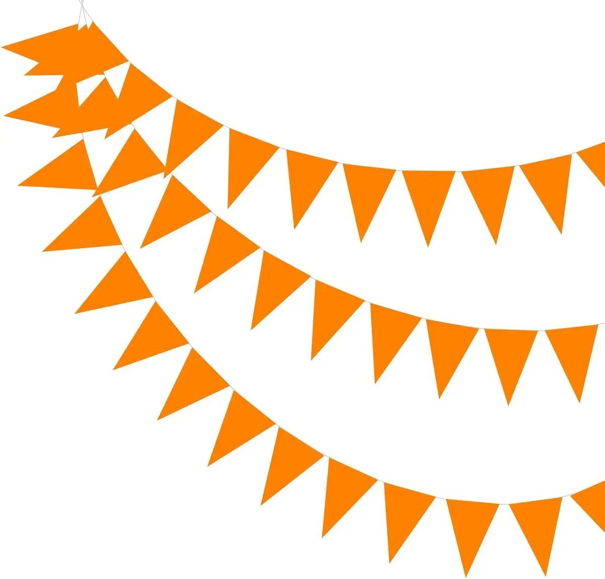 Orange triangle bunting flags forming a curved pennant garland for parties and events