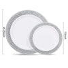 A set of two white plastic dinner and dessert plates with an elegant silver-colored rim.