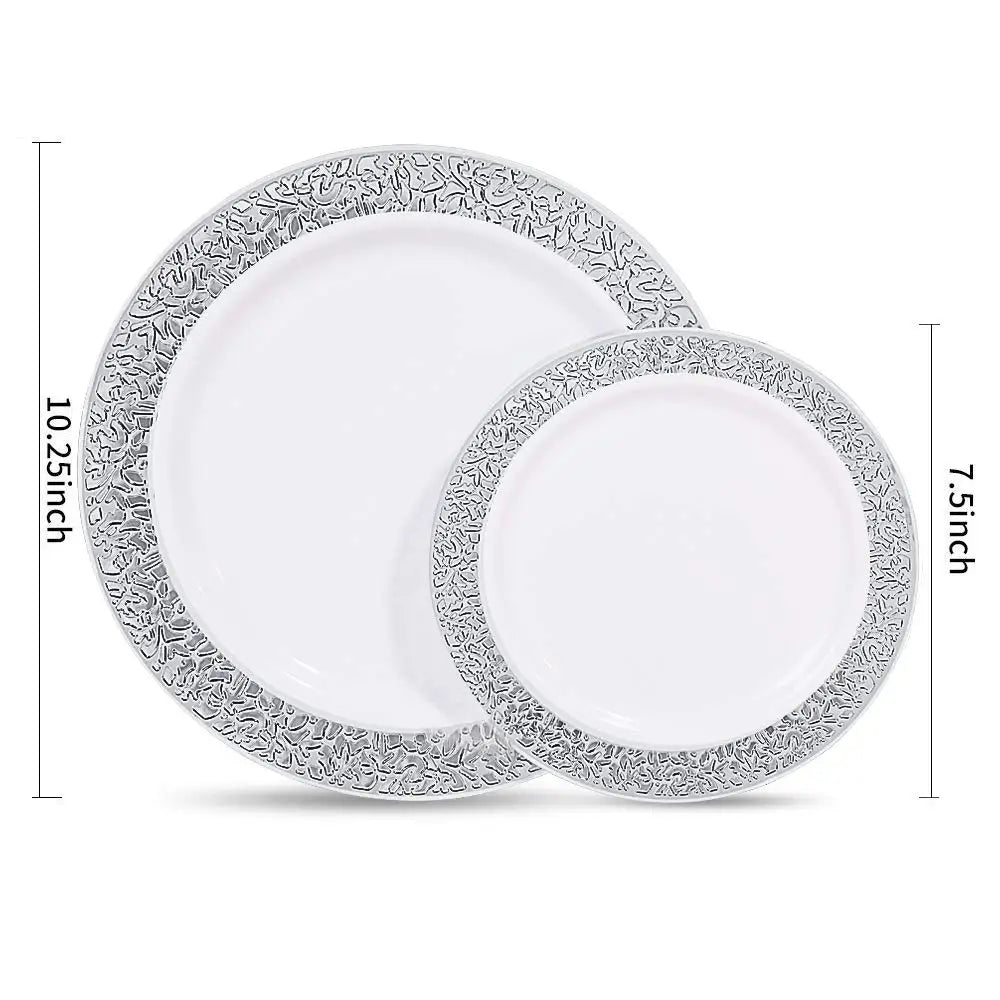 A set of two white plastic dinner and dessert plates with an elegant silver-colored rim.
