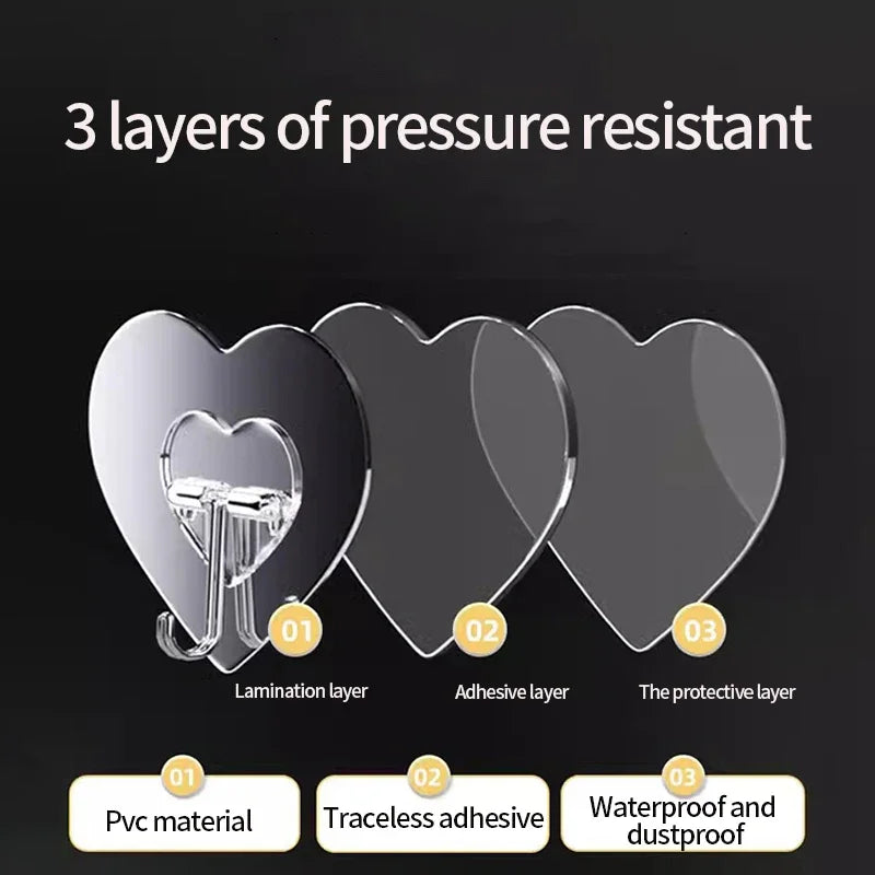 Three layers of pressure resistant clear adhesive hooks showing the lamination, adhesive, and protective layers.