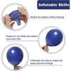 Instructions for inflating an inflatable navy blue balloon, showing how to stretch the balloon and avoid overinflation.
