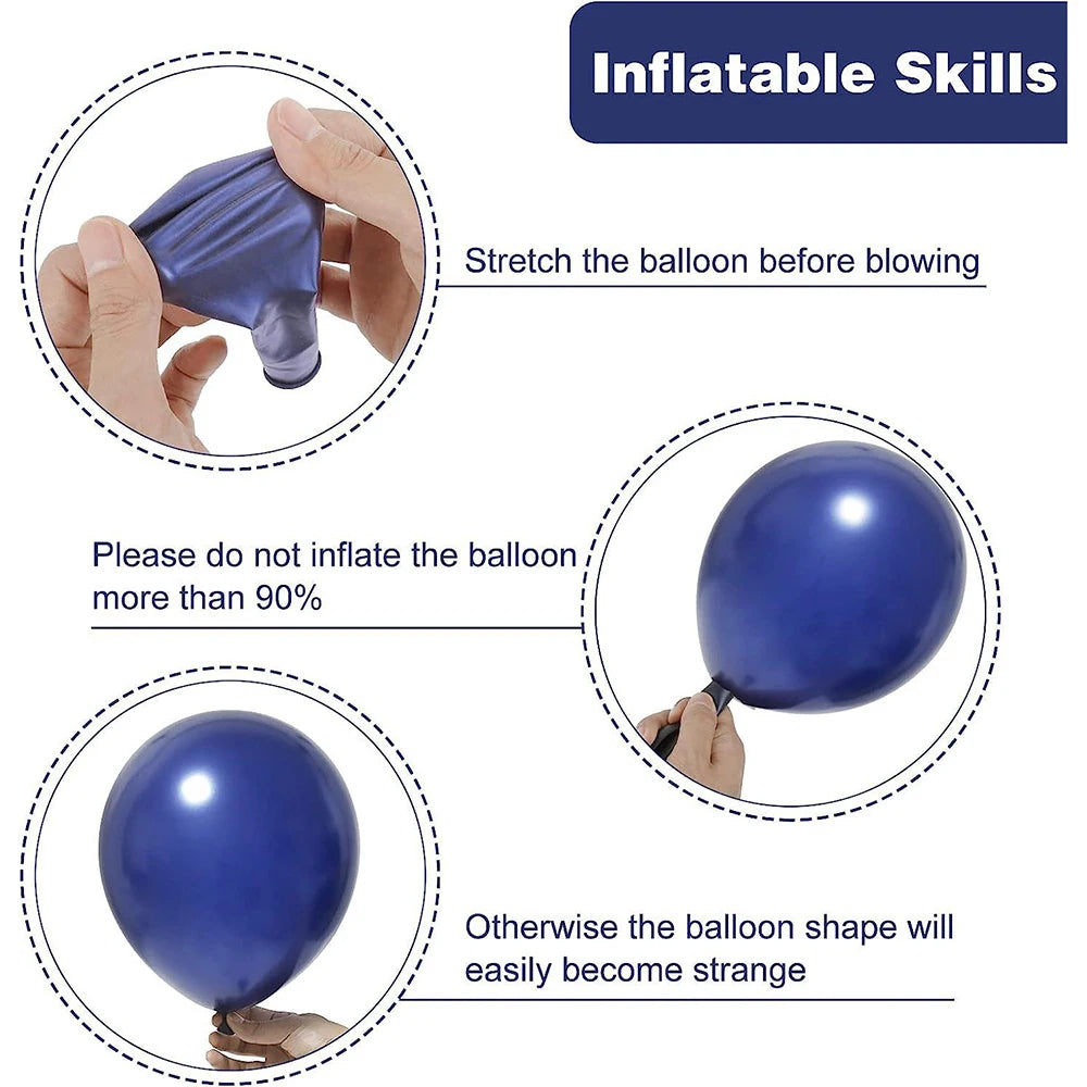 Instructions for inflating an inflatable navy blue balloon, showing how to stretch the balloon and avoid overinflation.