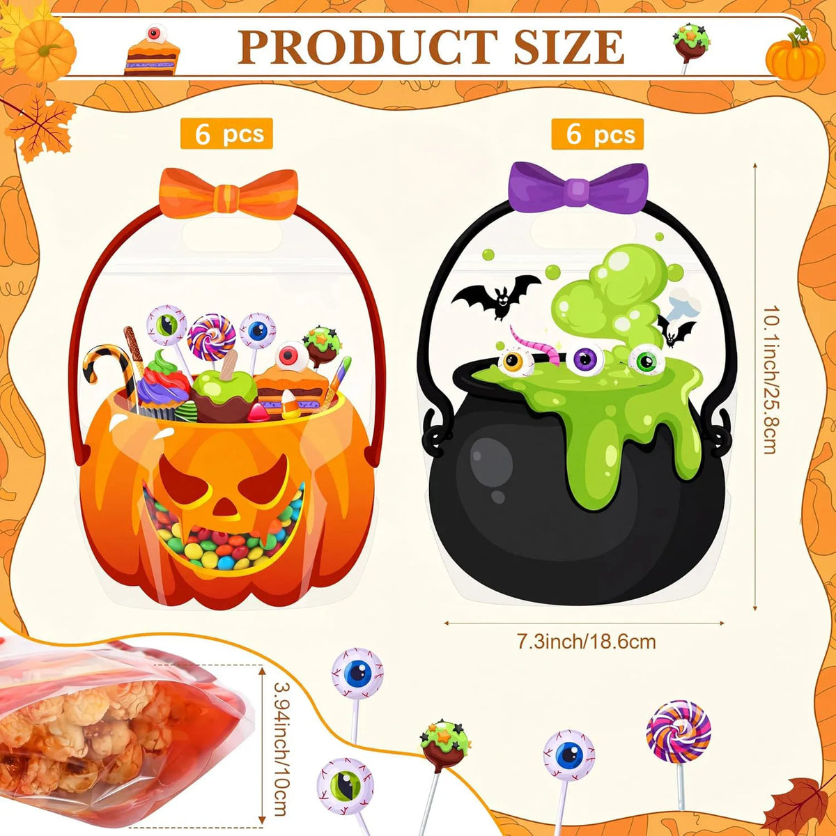 Two sets of Halloween trick or treat candy bags with handles, one orange and one black, showing the contents.