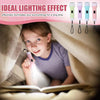 A young girl is using a compact LED flashlight to illuminate a book.