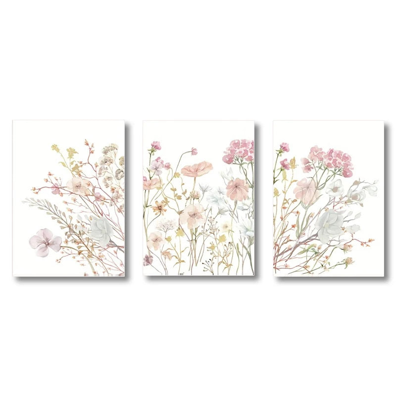 A set of three neutral floral wall art prints featuring soft pink, cream, and beige botanical illustrations on white backgrou