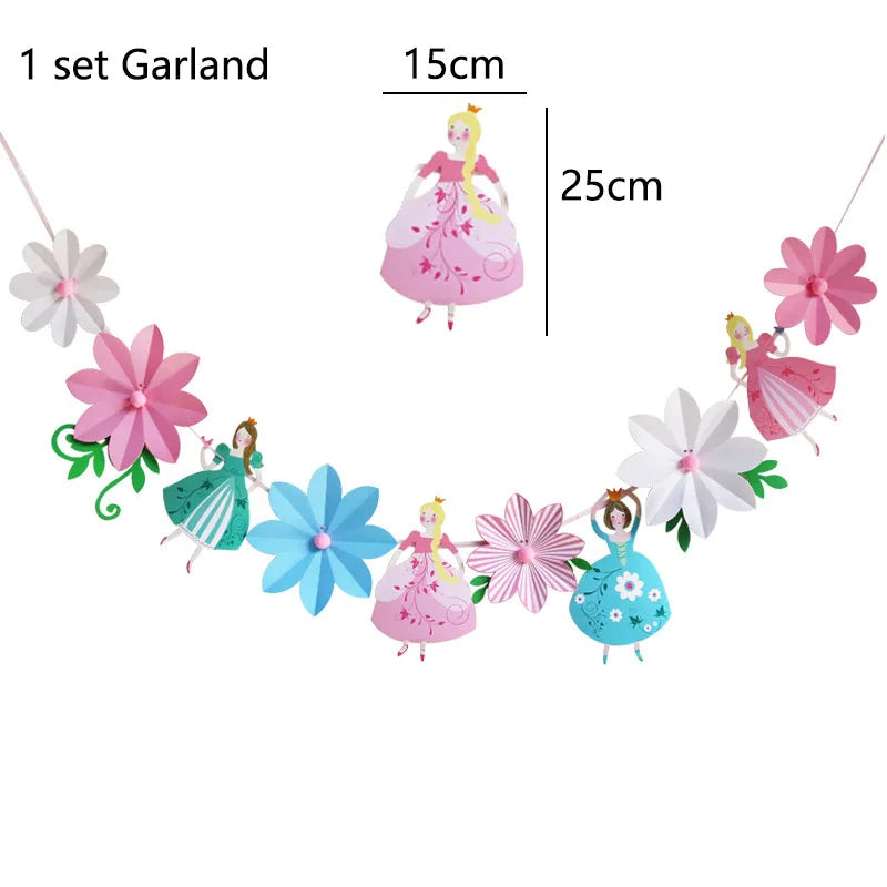 A set of fairy cupcake toppers featuring pink and blue floral designs on a string garland.