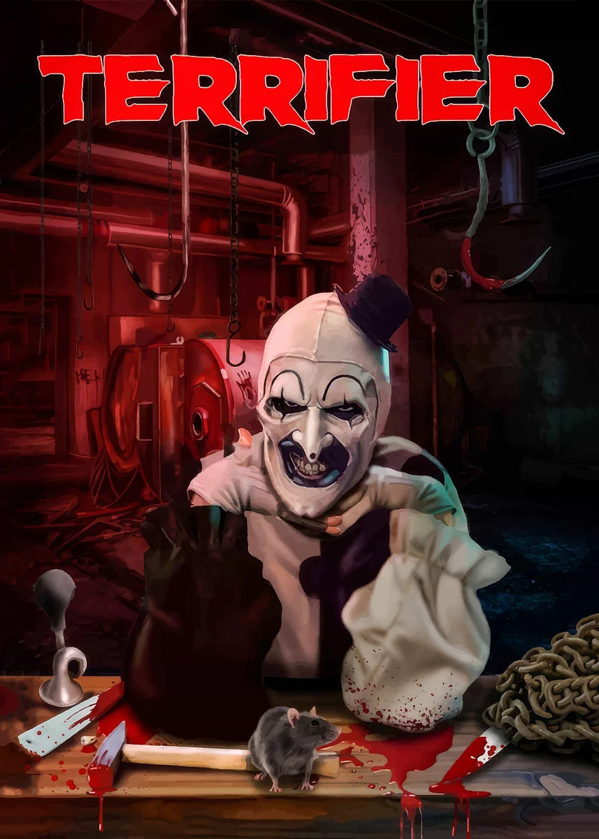 A dark, intense movie poster featuring the character Art the Clown against a red and black background.