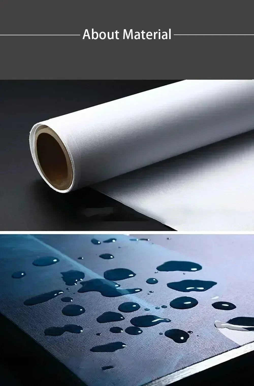 Roll of white material next to a close-up of blue liquid drops on a dark surface.