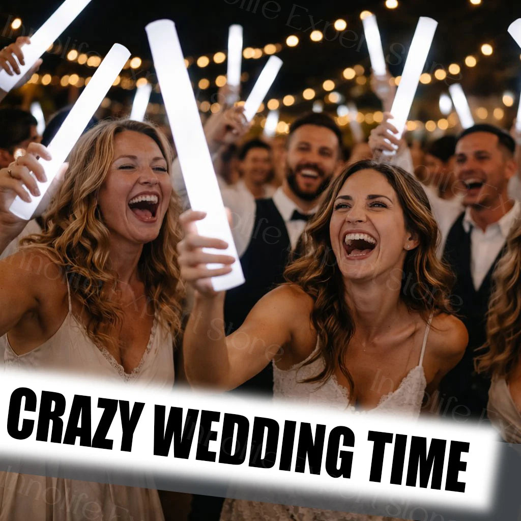 A group of people celebrating with glowing LED foam glow sticks at a wedding event.