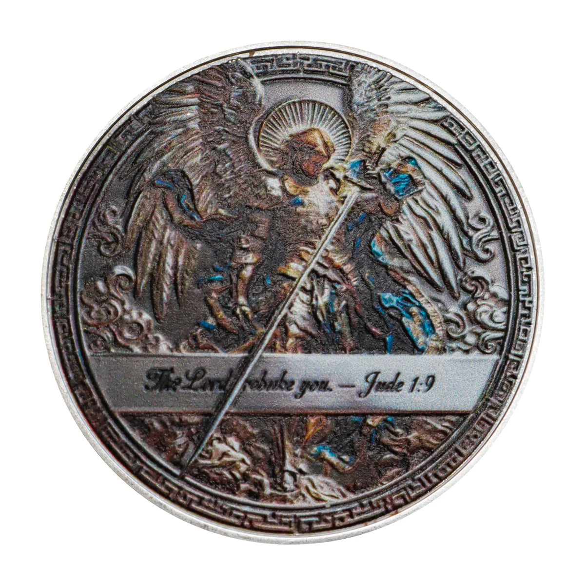 A commemorative coin featuring the Archangel Michael with wings and a sword, inscribed with the verse Jude 1:9.
