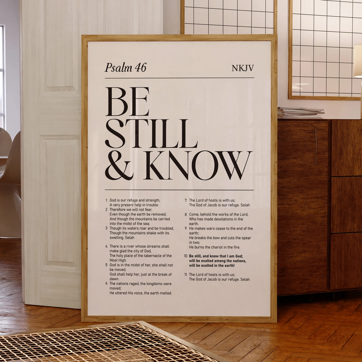 A framed canvas print displaying Psalm 46 from the NKJV scripture text.
