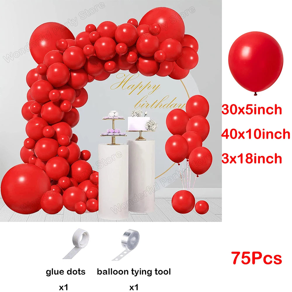 Red balloon garland arch kit featuring balloons in various sizes and a gluing tool