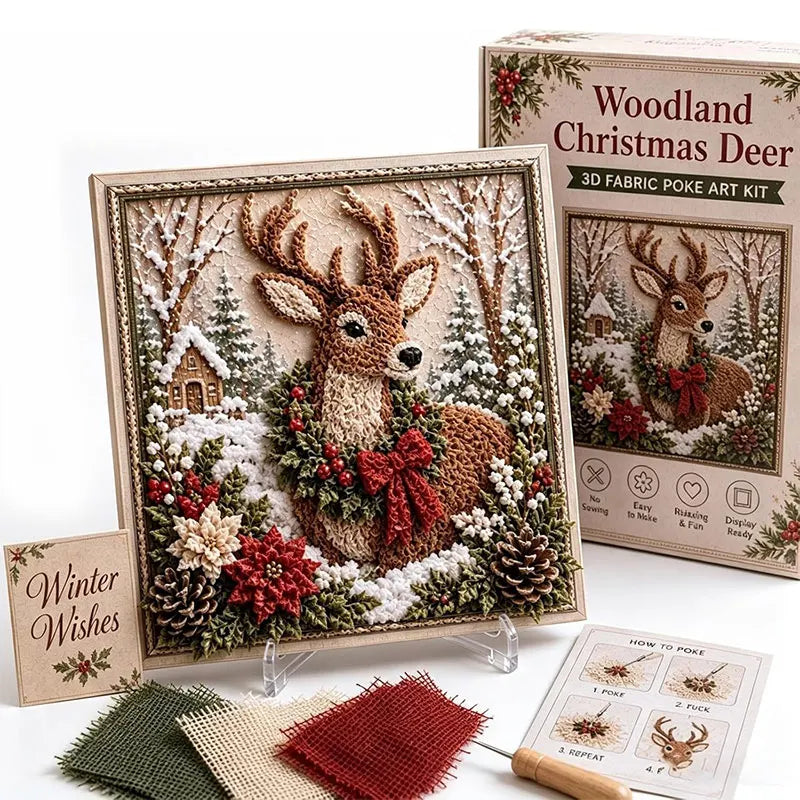 A framed Christmas 3D fabric poke art kit featuring a deer in a winter forest scene with pine and snow elements.
