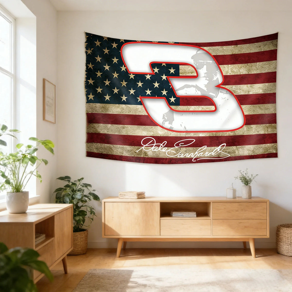A large fabric banner featuring the American flag design with the number 3 and the name Dale Earnhardt Sr.