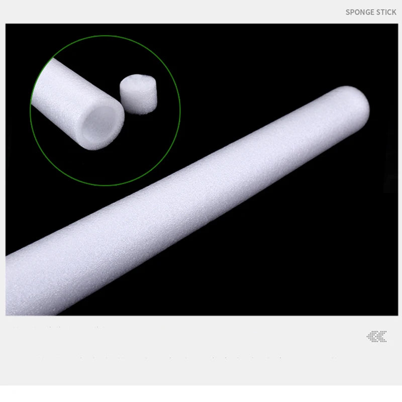 A white sponge stick is shown diagonally, with a magnified circle highlighting a smaller piece.