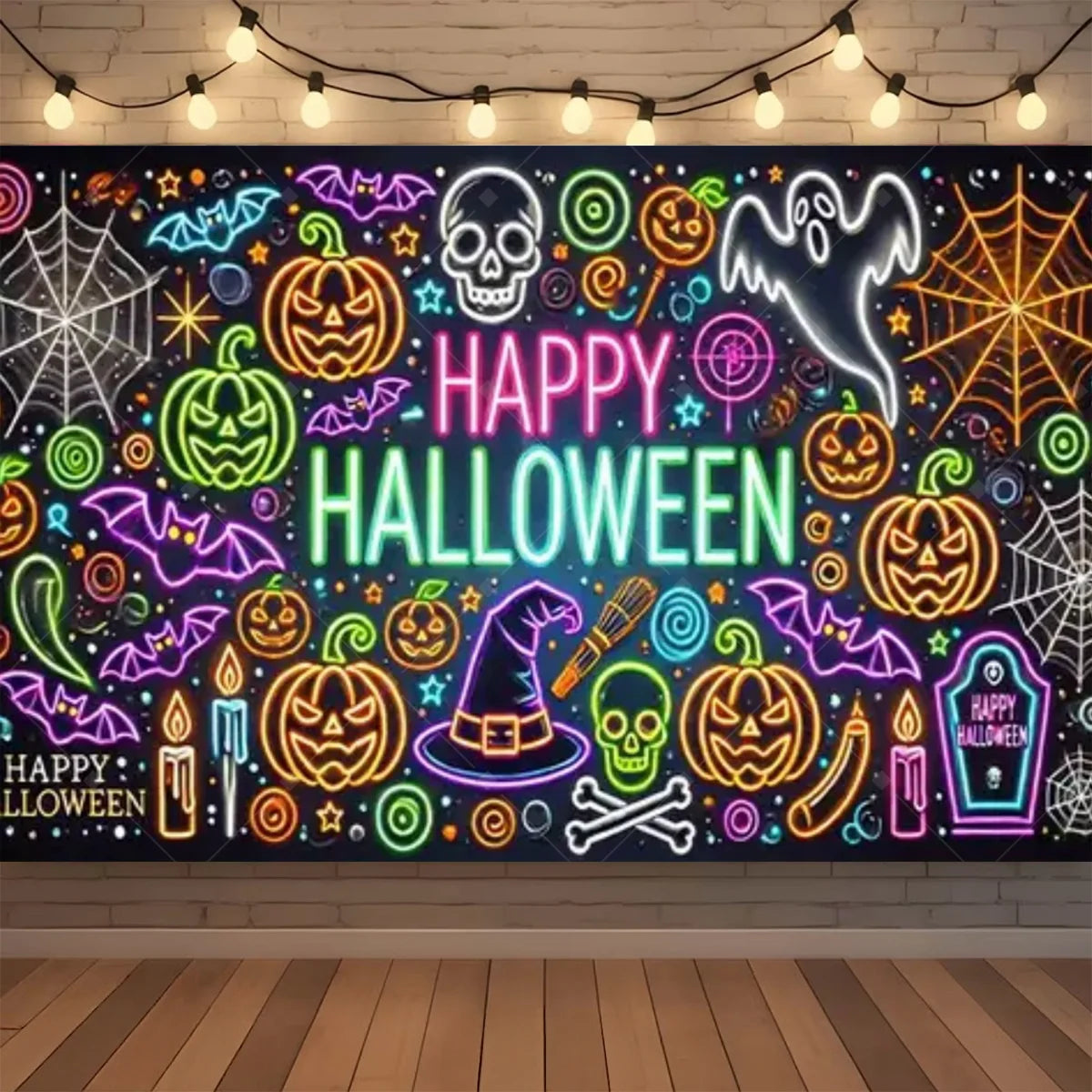 A vibrant Halloween neon backdrop featuring skulls, pumpkins, bats, and spooky elements for a photo booth.