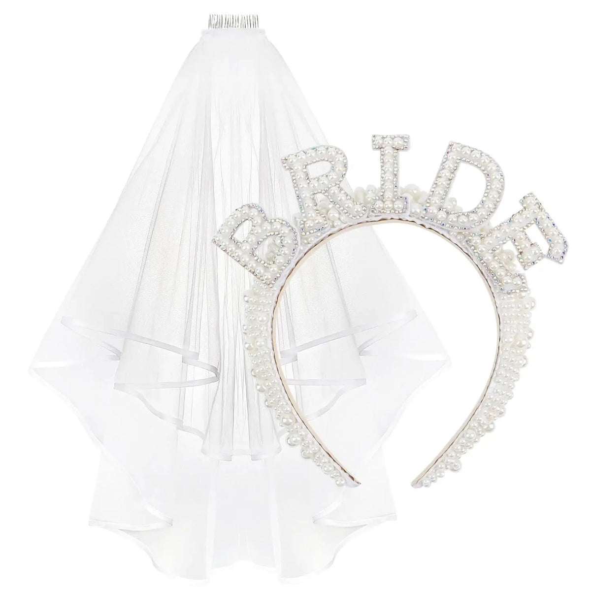 Voile de mariée blanc et bandeau de ruban de perles de mariée exposés ensemble.
