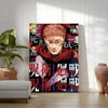 A vertical poster featuring characters from Jujutsu Kaisen anime in vibrant colors and dynamic poses.