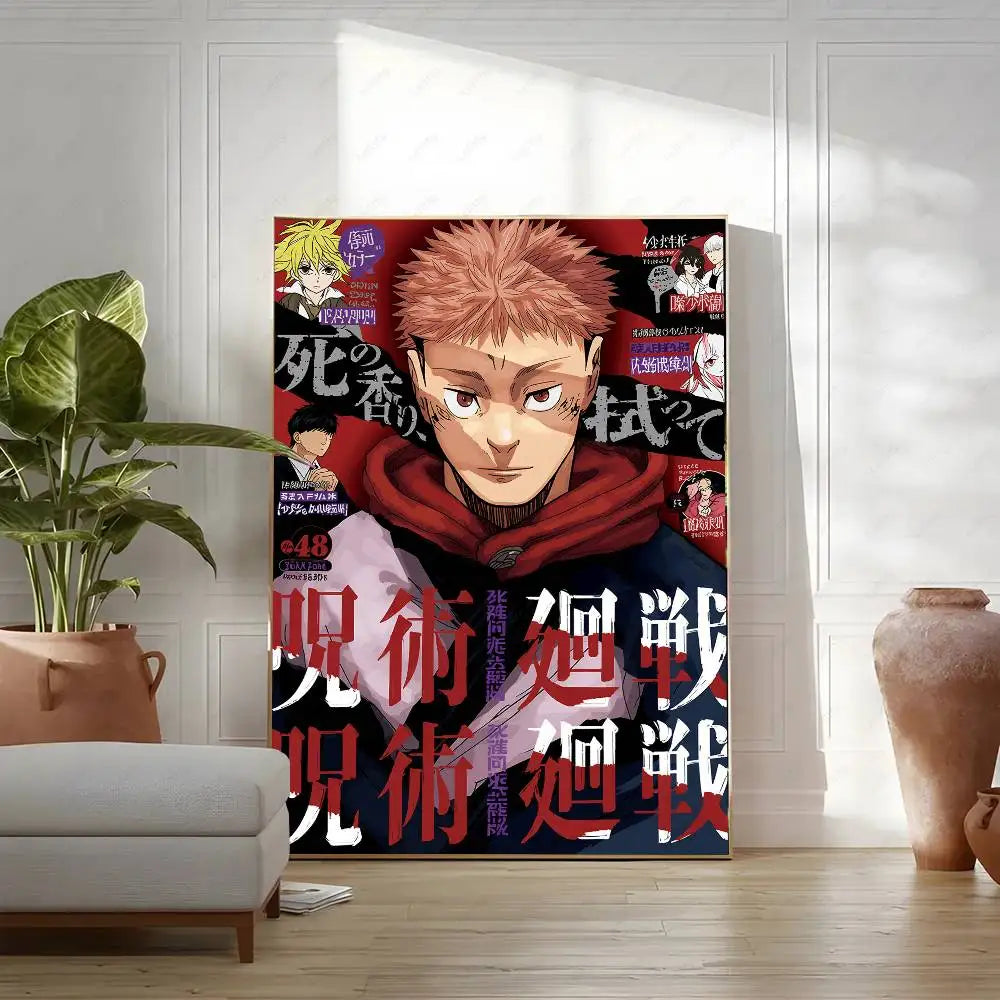 A vertical poster featuring characters from Jujutsu Kaisen anime in vibrant colors and dynamic poses.