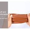 Hands demonstrate the tensile deformation of a brown PU leather furniture repair patch.