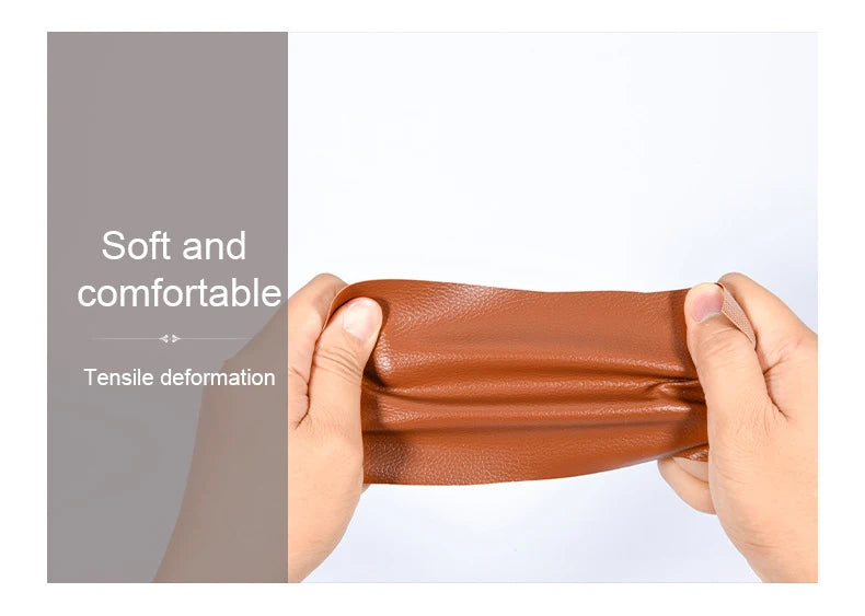 Hands demonstrate the tensile deformation of a brown PU leather furniture repair patch.