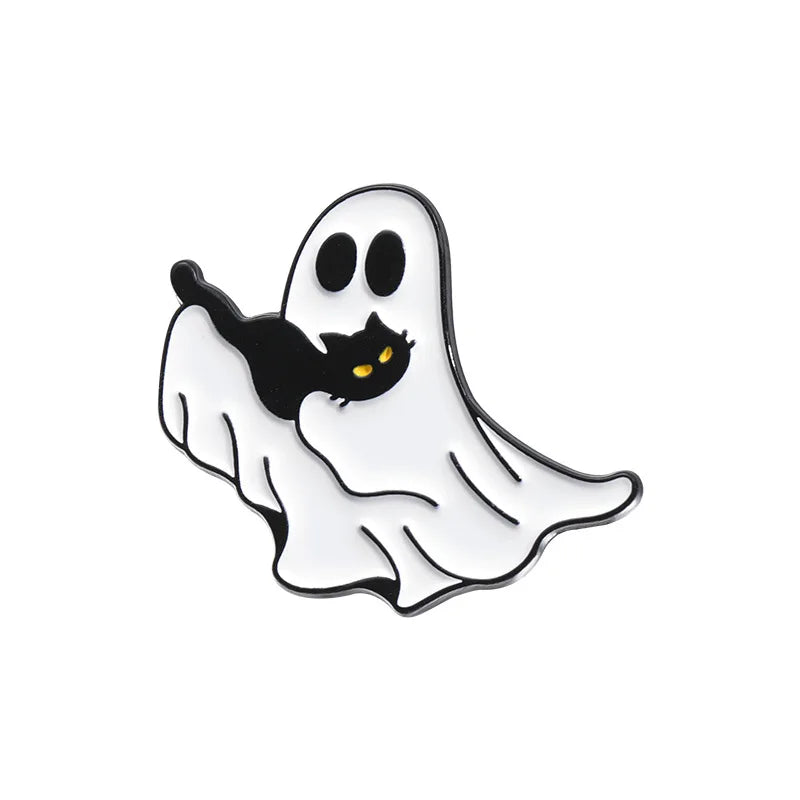 Halloween Enamel Pins Set - Cute Ghost, Black Cat, and Pumpkin Brooches for Kids