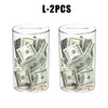 Two clear acrylic jars filled with US dollar bills and coins for saving money