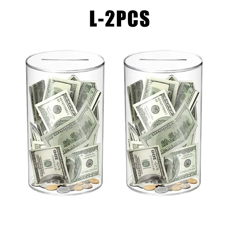 Two clear acrylic jars filled with US dollar bills and coins for saving money