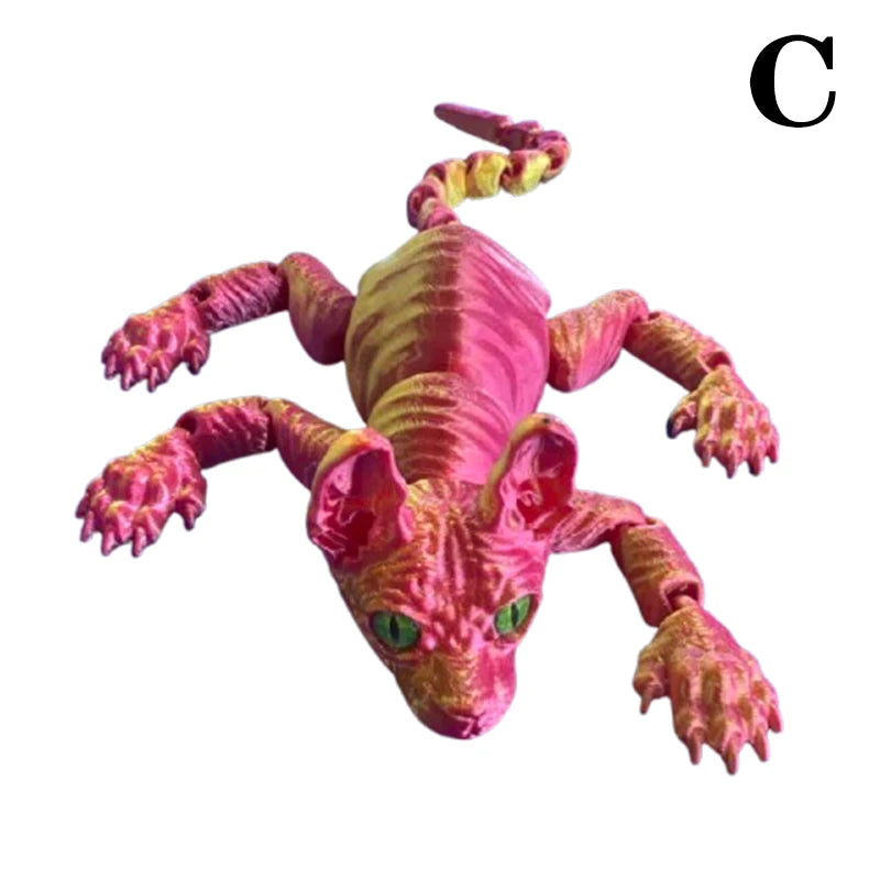 A realistic 3D printed figurine of a Sphynx cat with pink skin and green eyes.
