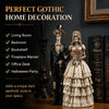 A statue depicting a gothic skeleton couple, featuring a dressed male figure and a flowing bridal gown.