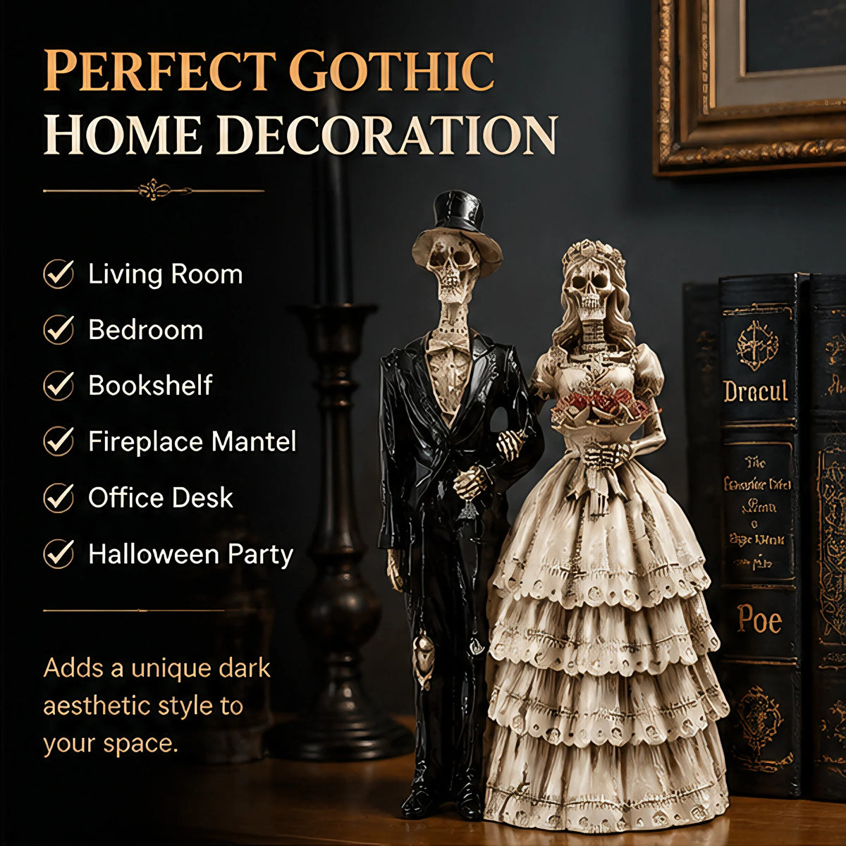 A statue depicting a gothic skeleton couple, featuring a dressed male figure and a flowing bridal gown.