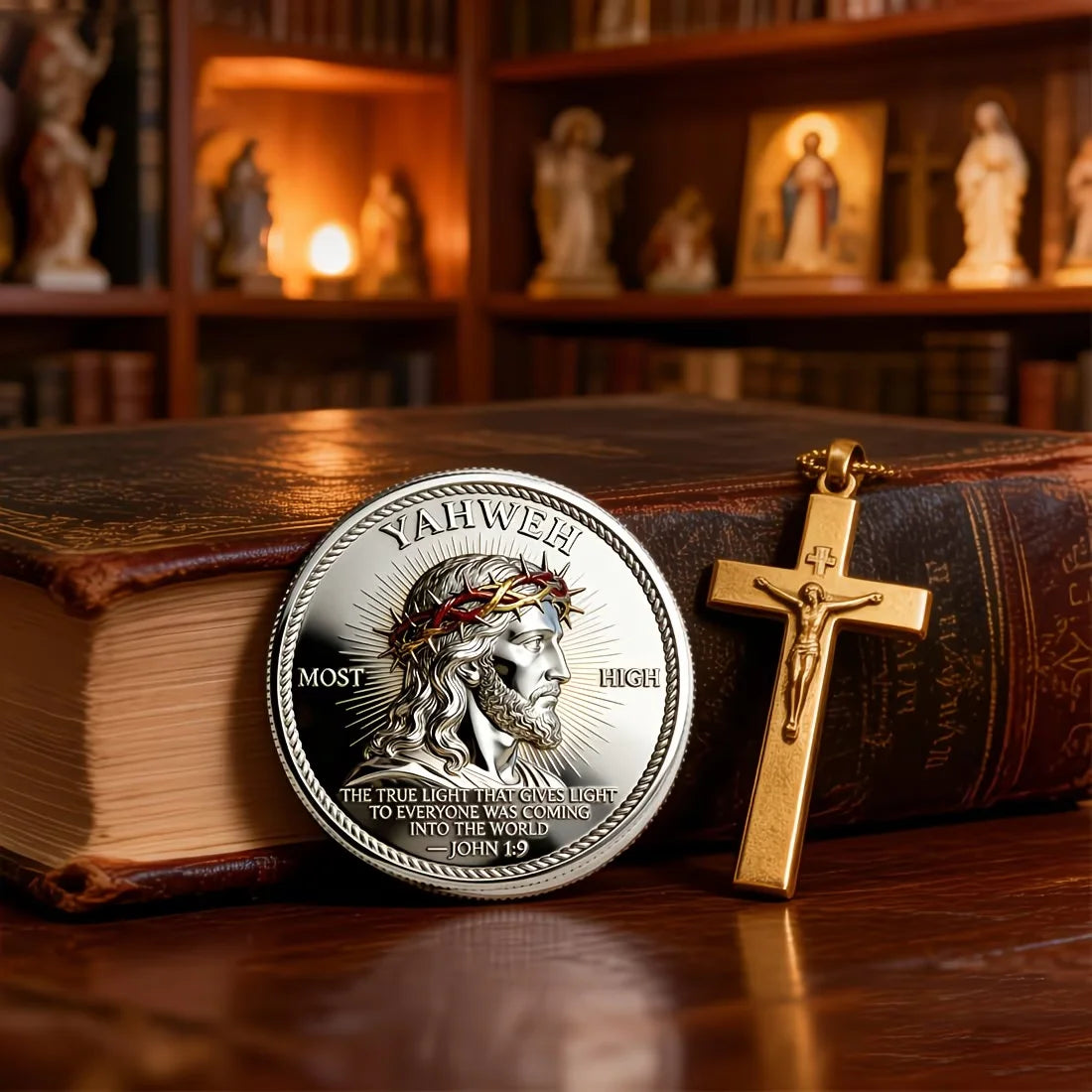 A gold faith challenge coin featuring the name Yahweh and a depiction of Jesus with a crown of thorns, placed on an old book.