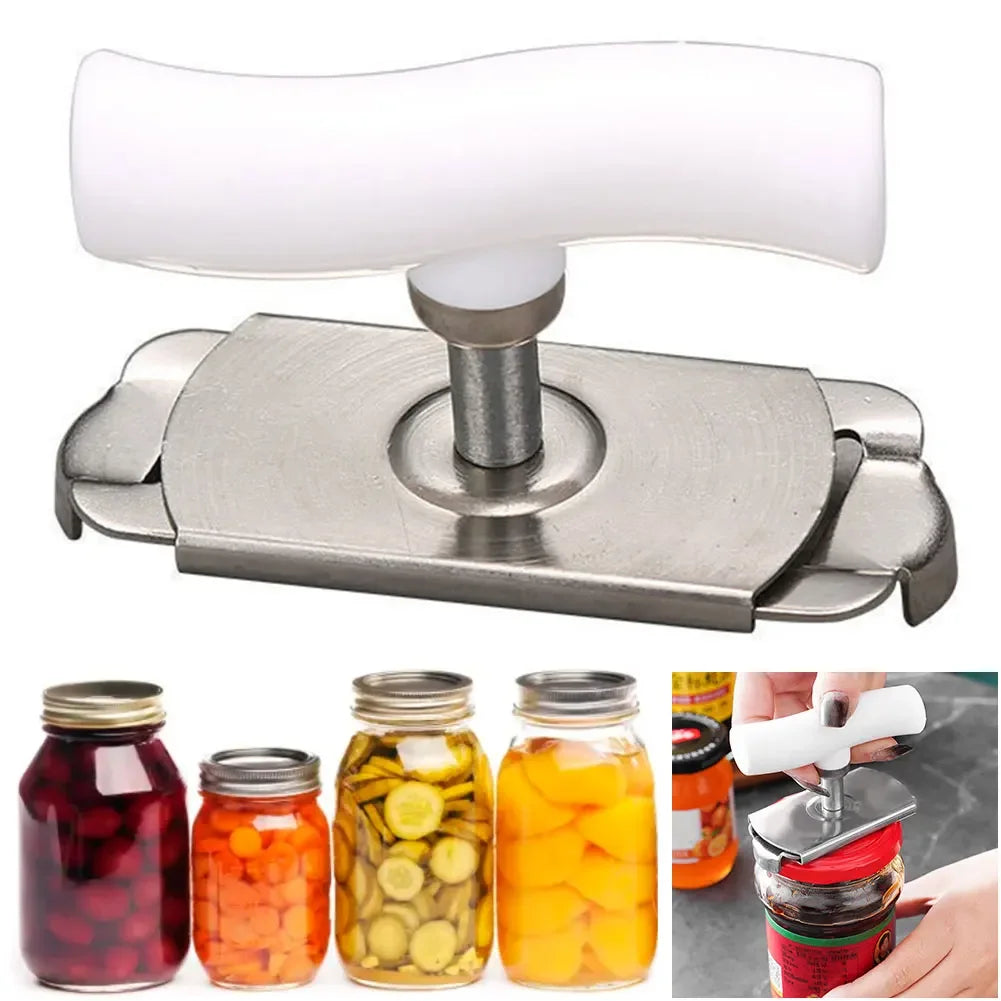 Adjustable stainless steel jar opener shown with various colored preserves and pickles.