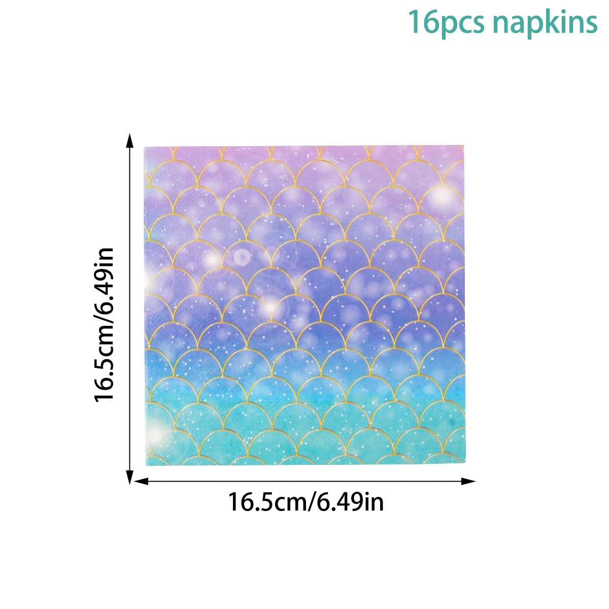 A square pack of 16 napkins featuring a watercolor pattern of blue and purple scales with gold accents.