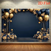 A 2D flat party backdrop featuring a dark blue arch decorated with gold and navy blue balloons and floral accents.