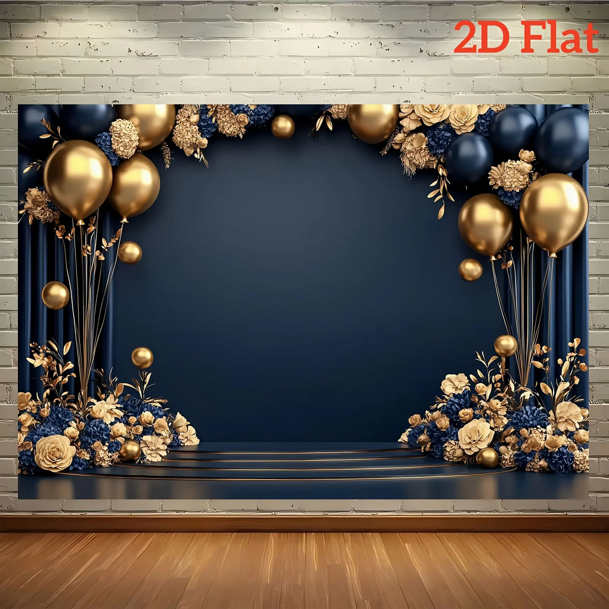 A 2D flat party backdrop featuring a dark blue arch decorated with gold and navy blue balloons and floral accents.