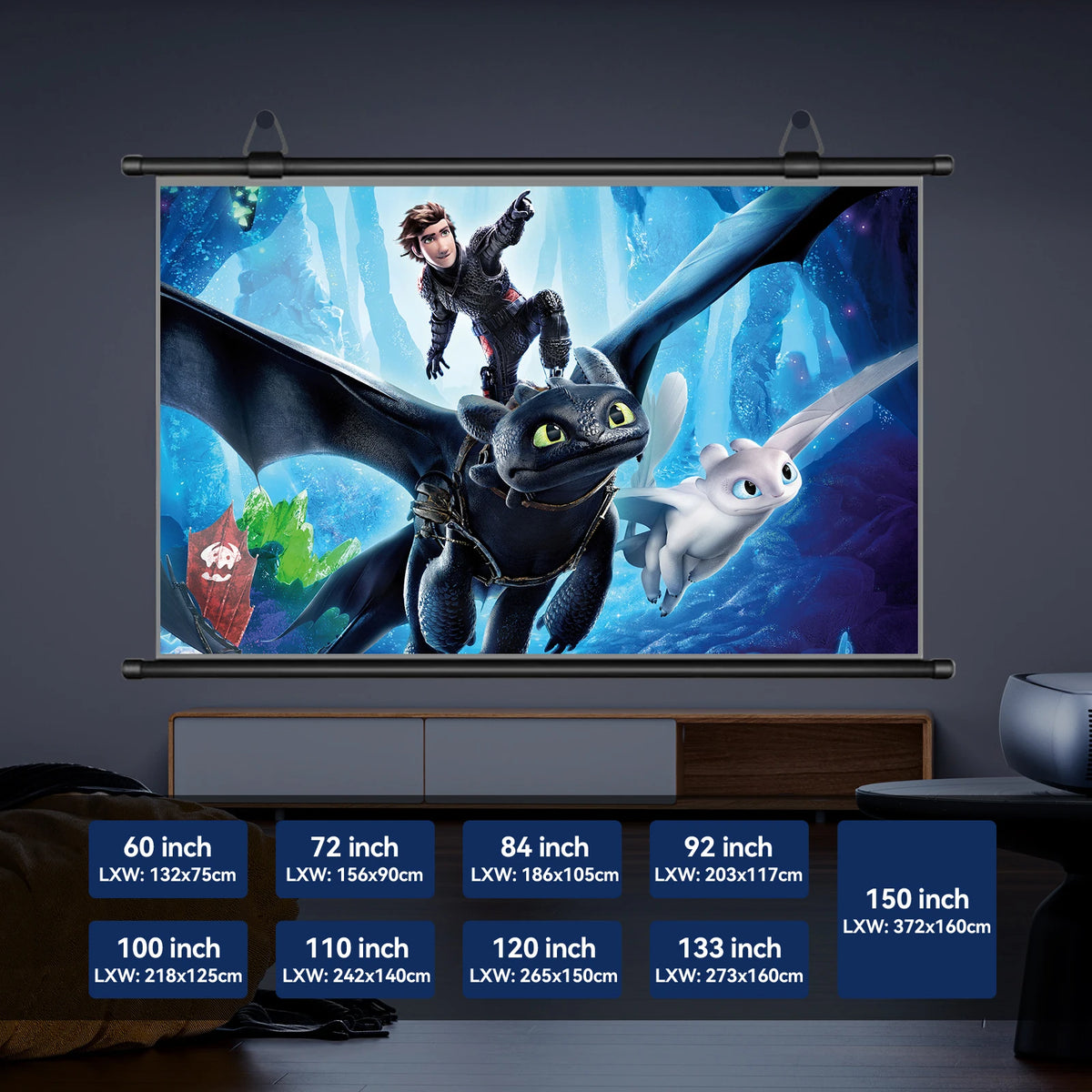 An Anti-Light HD projection screen displaying a dramatic image of a bat-like creature flying against a blue and green backgro