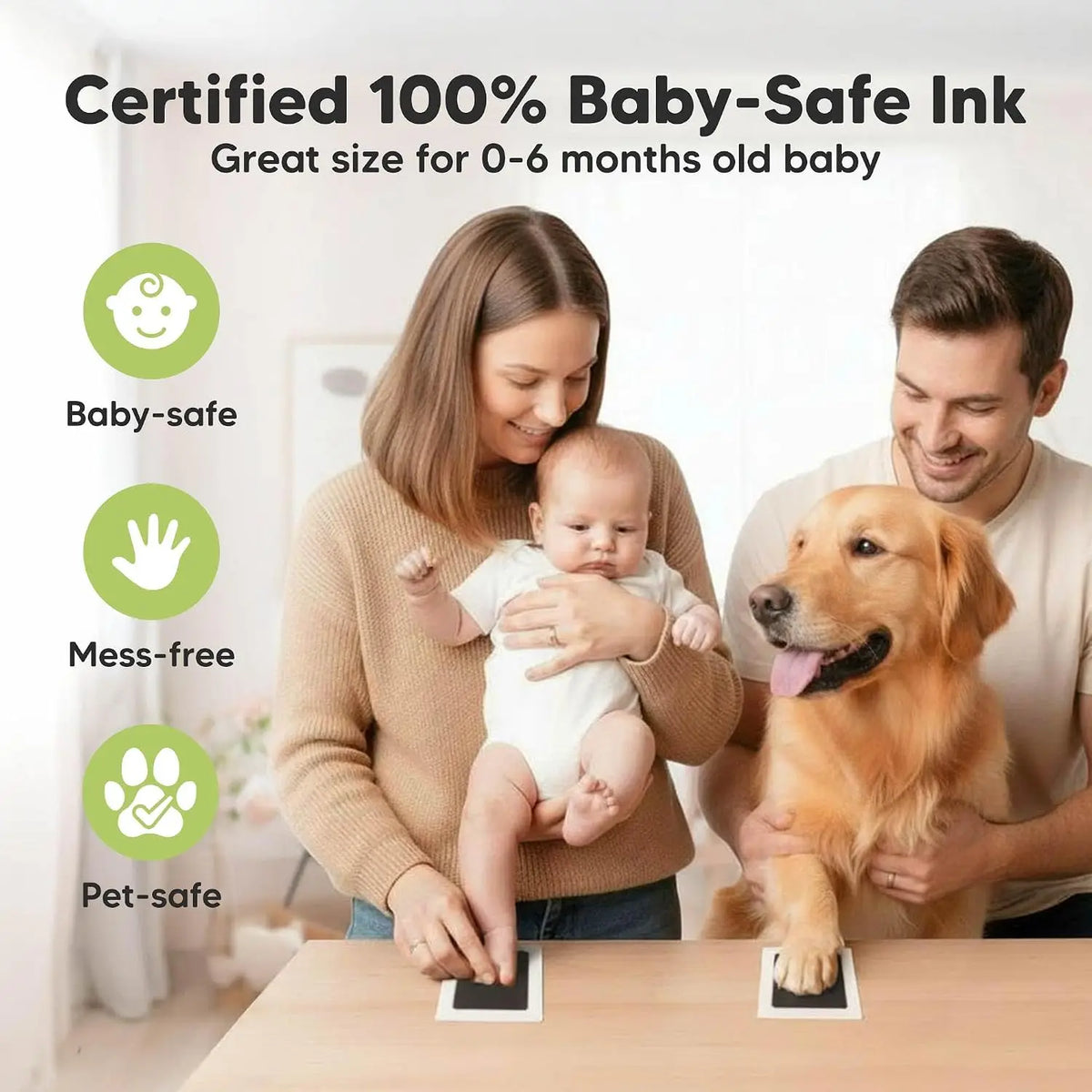 A mother holds a baby and a dog on a table, demonstrating a certified 100% baby-safe ink product.